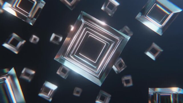 Numerous reflective neon-outlined geometric squares gracefully float and rotate through a dark abstract space, creating a mesmerizing modern digital animation clip.