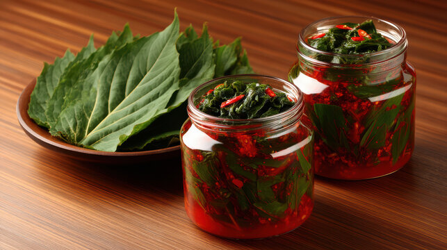 Two glass jars of vibrant perilla leaf kimchi and fresh green leaves rest on a wooden surface, showcasing a traditional Korean side dish with a spicy flavor.