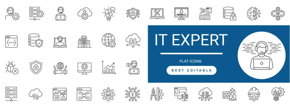IT Expert Line Icon Set. Specialist, Professional, Support, Technology, Solutions, Development, Network, Security, Service.. Editable Vector Illustration