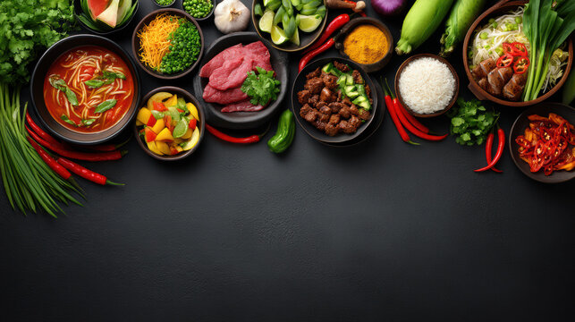 An overhead shot displays vibrant ingredients for Asian cooking arranged attractively on a dark background, inviting culinary creativity and fresh flavors.