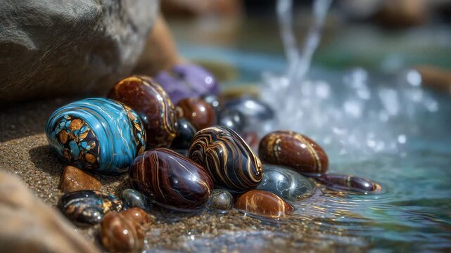 Macro view of rounded pebbles with intricate swirling patterns and layered colors, lying on damp sand beside a small mountain river, sparkling sunlight creating shimmering highligh