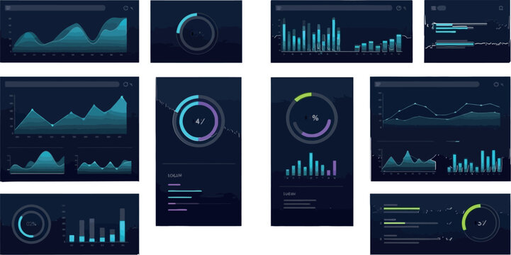 Modern analytics dashboard UI set with charts graphs statistics data visualization and business intelligence dark theme flat vector illustration