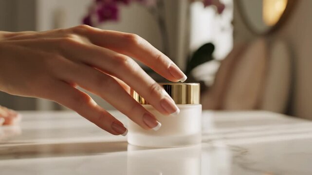 Womans hand touching cosmetic cream jar on table indoors