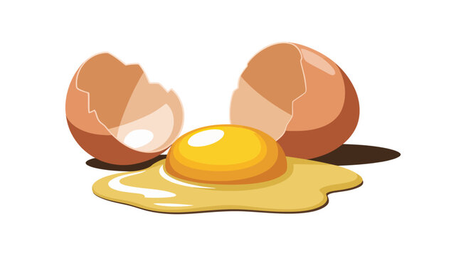 Brown egg cracked open with yellow yolk and white liquid pooled on clean white surface, broken shell half placed beside fresh raw ingredient.