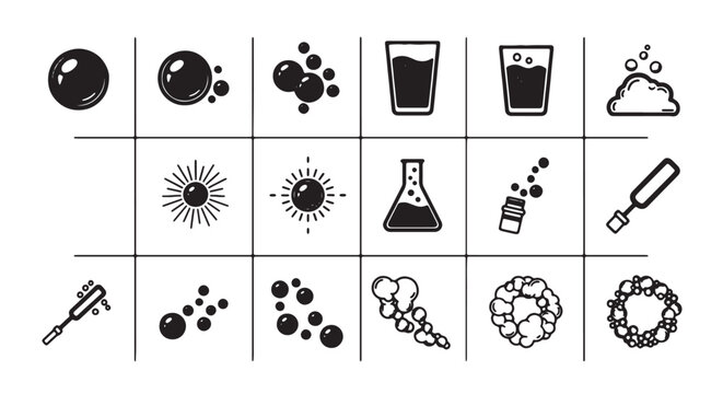 Minimalist bubble icons set, black and white soap suds vector elements, clean foam and carbonation symbols for hygiene and beverage design