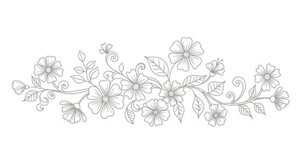 Fototapeta premium Elegant floral border illustration, delicate line art flowers and leaves, vintage botanical design.