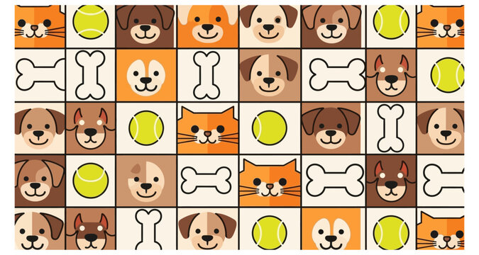A colorful pattern featuring dogs cats tennis balls and dog bones