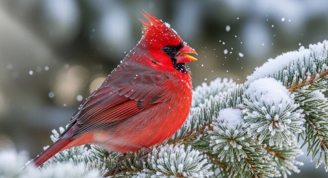 Red Cardinal Bird Perched on Snowy Pine Branch