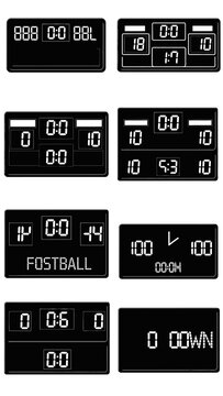 Collection of Digital Scoreboards Displaying Game Scores and Time