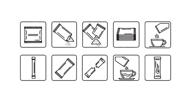 Minimalist sugar sachet icon set, black and white line art of sweetener packets and coffee sticks, 10 vector icons for cafe packaging and beverage instructions