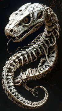 An artistic rendering showcasing a skeletal serpent coiled, its head prominent with eye sockets and elongated tongue. The bones are detailed