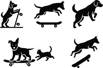 Fototapeta premium set of black dog and cat skateboarding silhouettes
