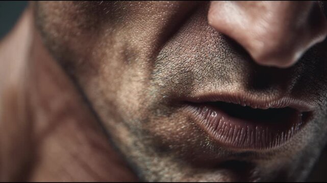 Close-up of a mans mouth and chin, showing stubble and a slight grimace, in a dimly lit setting.