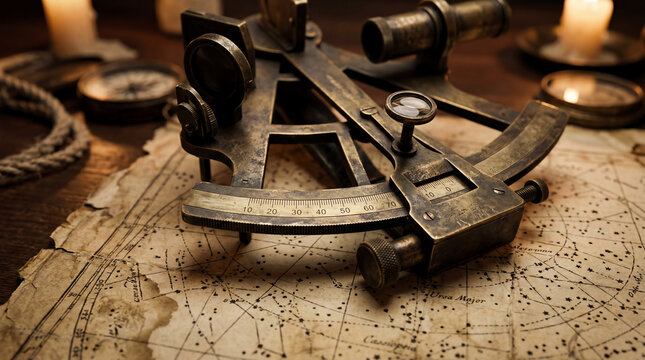 Antique Brass Sextant Detail Resting on Weathered Celestial Navigation Chart