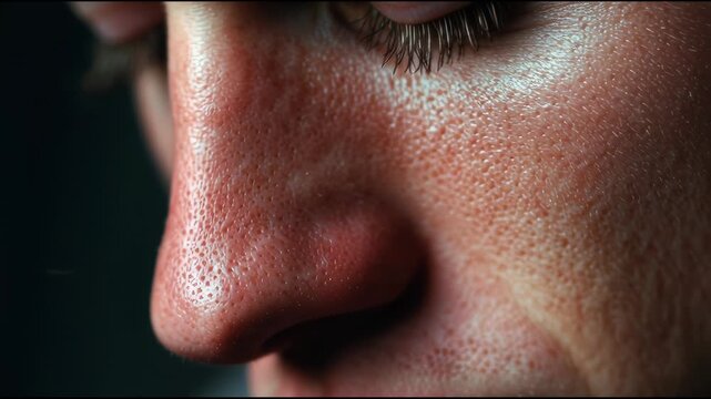 Close-up of a persons face, showing skin texture and closed eye.