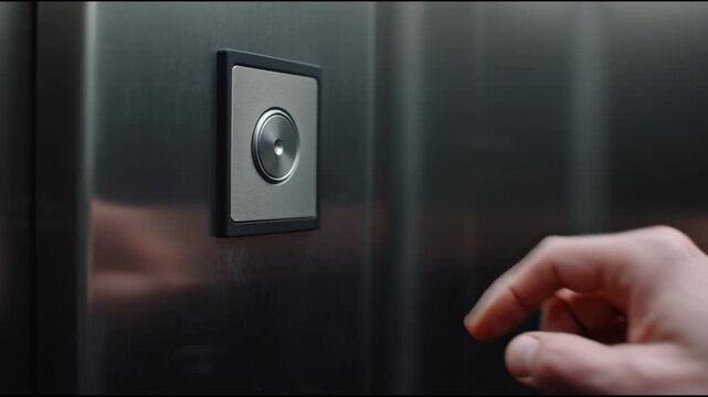 Close-up of a persons hand pressing an elevator button, indicating a wait or call for the lift in a modern building.