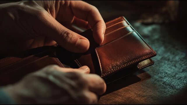 Close-up of a persons hands opening an empty wallet, symbolizing financial hardship.