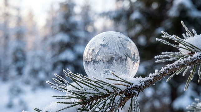Frozen Soap Bubble Crystallizing on Pine Branch in Winter