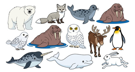 Collection of arctic and polar animals depicted in colorful cartoon style © MD