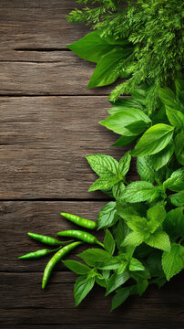 An artful display of fresh herbs like basil, dill, mint and green chili peppers are arranged beautifully along weathered wood providing a natural rustic edge.