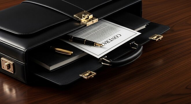 Professional Black Leather Briefcase Opened with Contract and Pen on Wooden Desk.