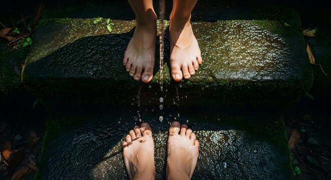 A pair of bare feet on stone steps with water dripping, symbolizing purity and nature