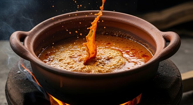 A bubbling pot of rich, orange curry being poured into a clay pot, simmering over a traditional stove with visible flames