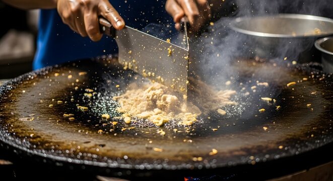 Street food vendor skillfully prepares a savory dish on a large, hot griddle, creating a mouthwatering culinary experience