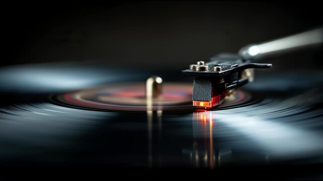 Close-up shot of a vintage vinyl record spinning on a turntable.