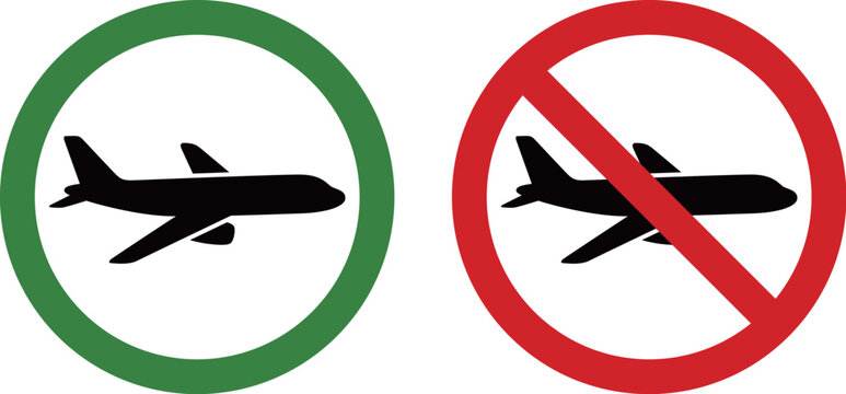 飛行機の可否を示す丸と禁止マークのアイコンセット Airplane Allowed and Prohibited Icon Set
