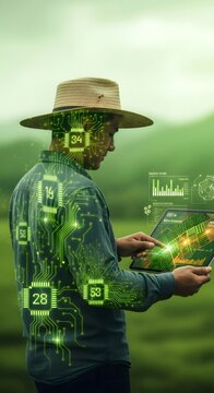 Farmer using smart agriculture technology with circuit board overlay