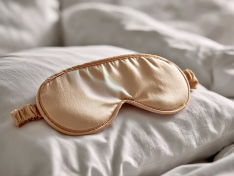 Soft beige silk sleep mask resting on a white fluffy pillow with a blurred cozy bedding background perfect for restful nights and relaxation