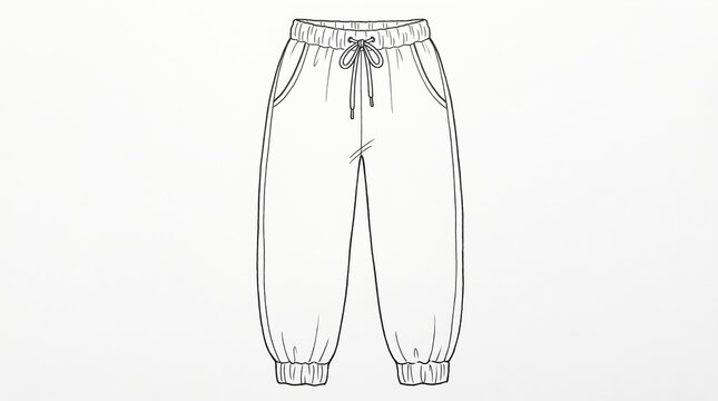 Black-and-white line drawing of jogger pants, elastic waistband with drawstring, side pockets, elastic ankle cuffs, technical fashion sketch highlighting garment structure and design.