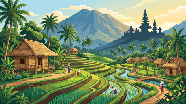 Flat vector illustration of a Bali village with rice terraces, tropical houses, and mountain landscape, showcasing Indonesian culture, nature, and peaceful rural scenery.
