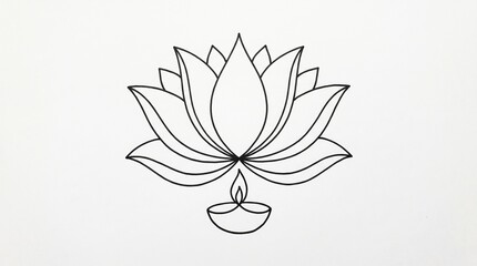 Fototapeta premium Black line drawing of lotus flower merged with traditional oil lamp diya, flame rising at center, symmetrical petals and looping lines radiating outward, elegant spiritual design.