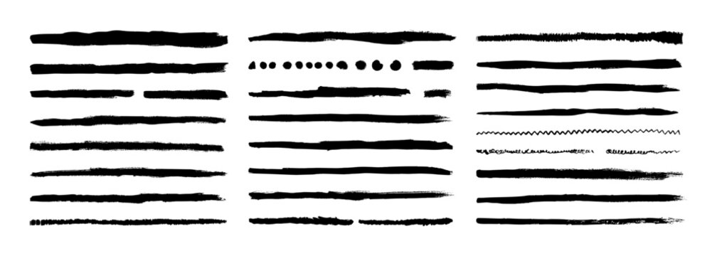 Hand-drawn black brush strokes and ink texture elements set. Vector illustration of artistic thin and thick, uneven underlines.
