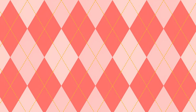Repeating argyle check pattern in coral pink with gold dotted lines