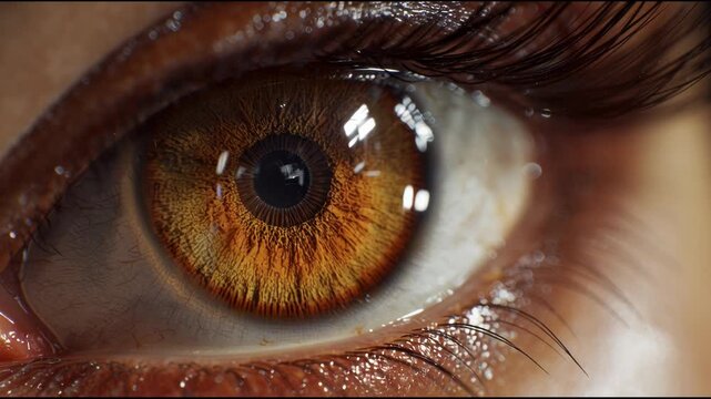 Extreme Close Up of a Human Eye with Brown Iris and Eyelashes.