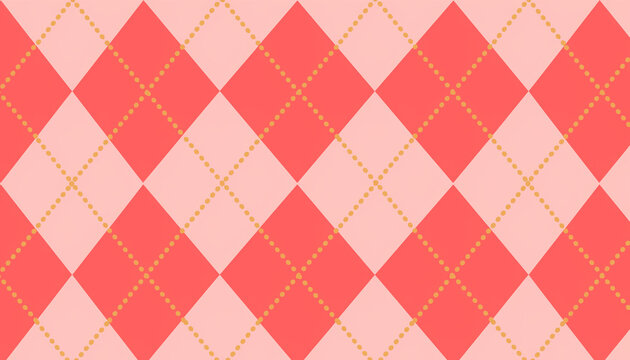 Geometric argyle pattern with coral diamonds and gold stitch thread
