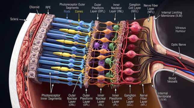 3D Illustration of Human Eye Retina Cross Section Anatomy with Labeled Layers