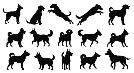 Obraz premium Collection of black dog silhouettes in various action poses including sitting, standing, jumping, and running.