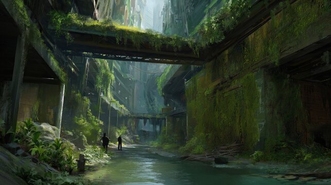 A post-apocalyptic urban scene with overgrown vegetation, moss-covered ruins, and two people walking along a water-filled street beneath decaying bridges.