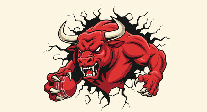 Powerful red bull mascot breaking through a brick wall with intensity while holding a professional cricket ball.