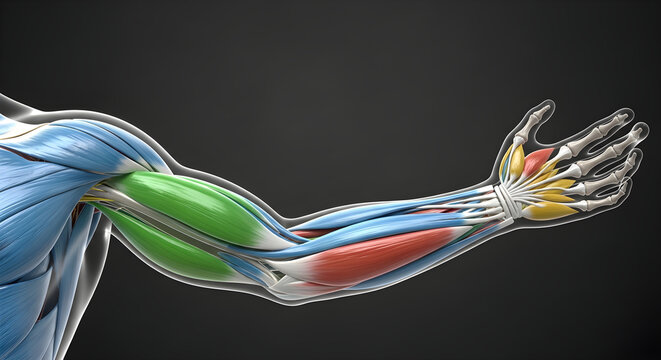 Human arm anatomy with visible muscles, bones, and tendons on dark background.