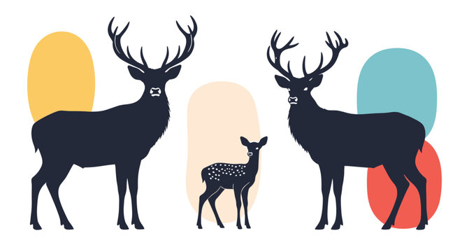 Beautiful silhouettes of a deer family including two large bucks and a fawn against abstract colorful shapes.