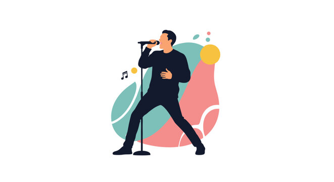 Dynamic silhouette of a male singer performing with a microphone on an abstract colorful background with notes.