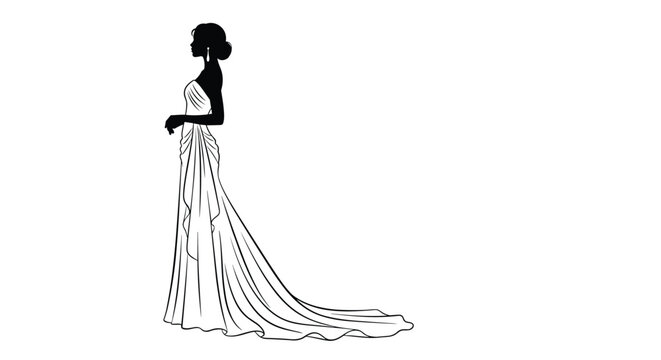Elegant silhouette of a beautiful bride wearing a traditional wedding dress with a long flowing train.