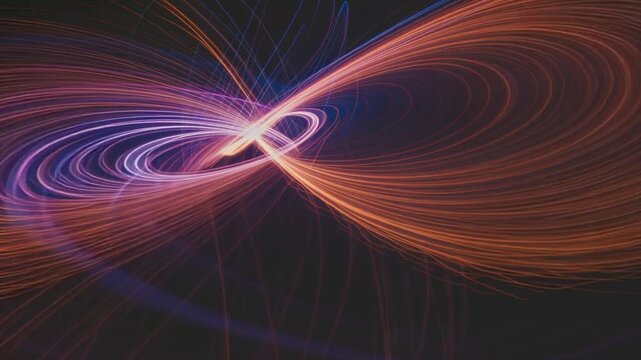 Abstract magnetic field lines forming infinity loop, colorful energy waves with glowing motion trails, physics and electromagnetic concept, vibrant neon flow on dark background