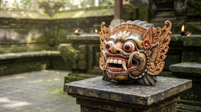 Detailed Balinese Rangda Mask Carving, Vibrant Red, 26-Gigapixel Image