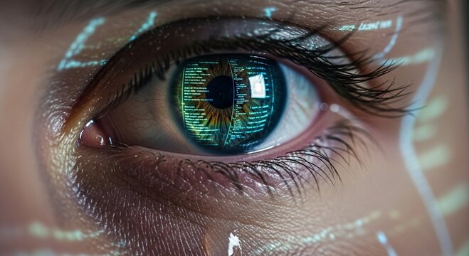 Closeup of a human eye reflecting digital computer code and data streams